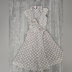 VTG Ceres Wrap Dress Polkadot Small Beige Ruffles Knee Length Crepe Chiffon